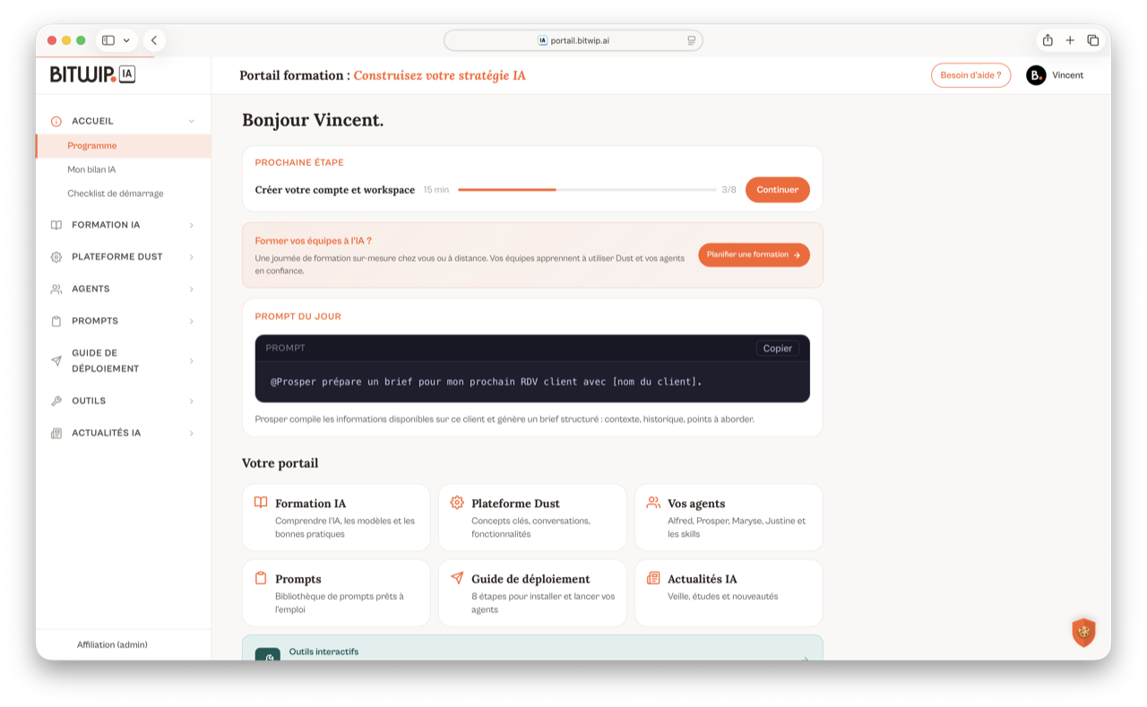 Tableau de bord du portail Bitwip IA, vue d'ensemble à la connexion