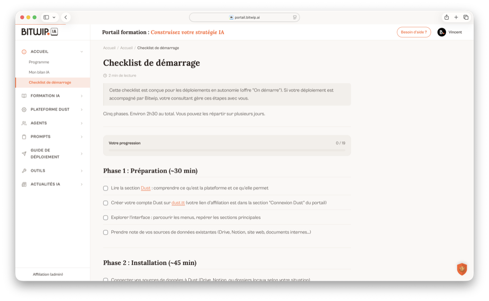 Checklist de déploiement en 8 étapes du portail Bitwip IA